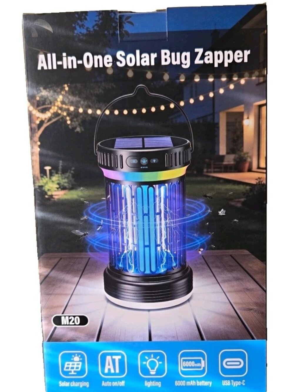 Solar Bug Zapper Lantern M20 USB Type-C Auto On/Off Indoor/Outdoor Waterproof
